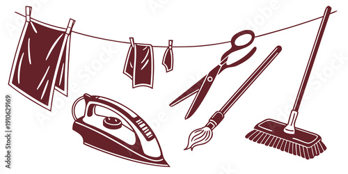 Laundry tools and accessories hanging on a clothesline