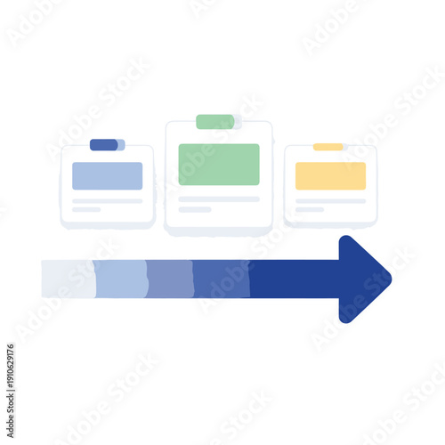 Three name tags above a blue progress arrow representing workflow or progression