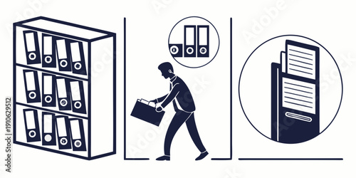 A person walking with a briefcase between a bookshelf and a filing cabinet.