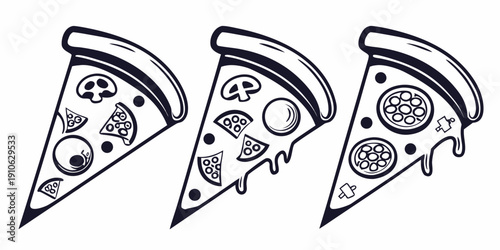 Three slices of pizza with different toppings on a white background