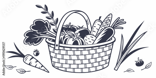 A basket filled with fresh vegetables and herbs, including carrots, onions, and leafy greens.