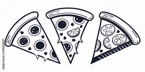 Three slices of pizza with different toppings arranged in a triangular formation