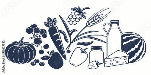 Assorted healthy foods including fruits, vegetables, and dairy products.