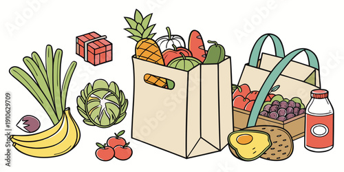 Assorted fruits, vegetables, and grocery items in bags and crates.