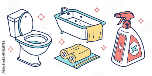 Essential cleaning supplies and bathroom fixtures for a sparkling home