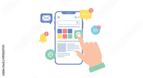 Hands interacting with smartphone interface showing notifications and app icons