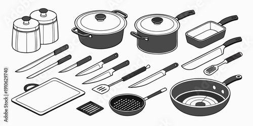 A collection of various kitchen utensils and cookware items arranged on a surface
