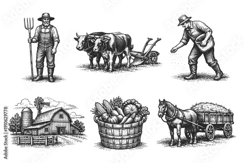 Vintage farm agriculture engraving set, rustic hand drawn sketches isolated ai generated illustration