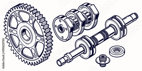 A detailed diagram of a crankshaft assembly with various gears and components.