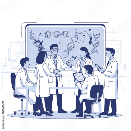 Medical researchers and clinicians collaborating on DNA and genome graphics in a laboratory