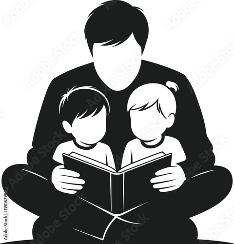 Father reading book with two children silhouette vector family