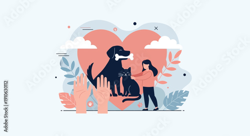 Pet Adoption and Animal Care Illustration with Dog and Cat in Heart Shape