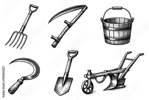 Vintage farm, garden tools engraving set, antique agriculture equipment and farm hardware in woodcut style