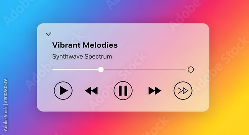 Sleek music player interface, vibrant gradient colors, rounded shapes, intuitive playback controls for digital use