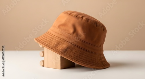 Stylish brown textured bucket hat displayed on a wooden stand against a warm beige background for fashion use