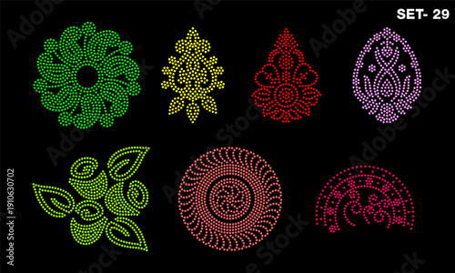 Rhinestone hotfix transfer Buta set design for laser cutting, 2.2 mm hole size 6 ss, abstract round leaf pattern designs, set no.29
