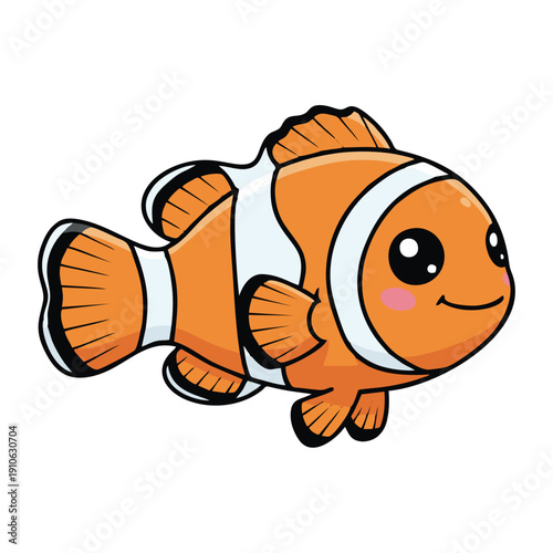 Charming cartoon tropical fish illustration with a happy expression, depicting vibrant orange and white stripes, perfect for children's designs, marine themes, or cheerful aquatic imagery