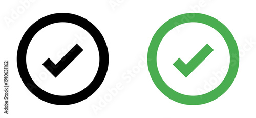 Checkmark icon. Circle tick approved symbol with green and black color