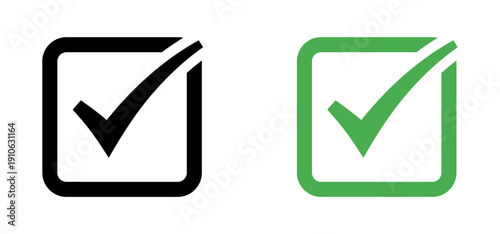 Checkmark icon. Square tick approved symbol with green and black color