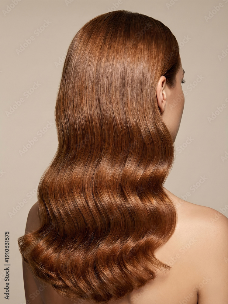Fototapeta premium Wavy brown hair shines with soft curls in a simple background