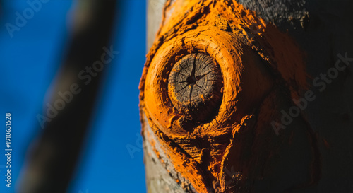 Vibrant Orange Painted Tree Knot Detail Against Blue Sky Background. Rustic Wood Texture, Forest Survey Marking, and Nature Contrast Macro Shot.