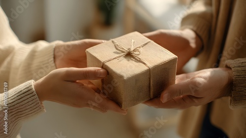 Hands exchanging a simple, rustic gift box tied with twine, conveying warmth and connection