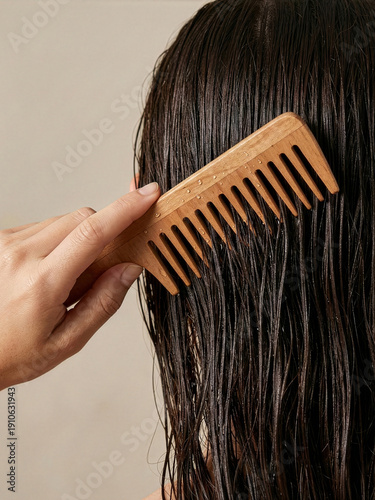 Woman combs wet hair with wooden comb in indoor setting
