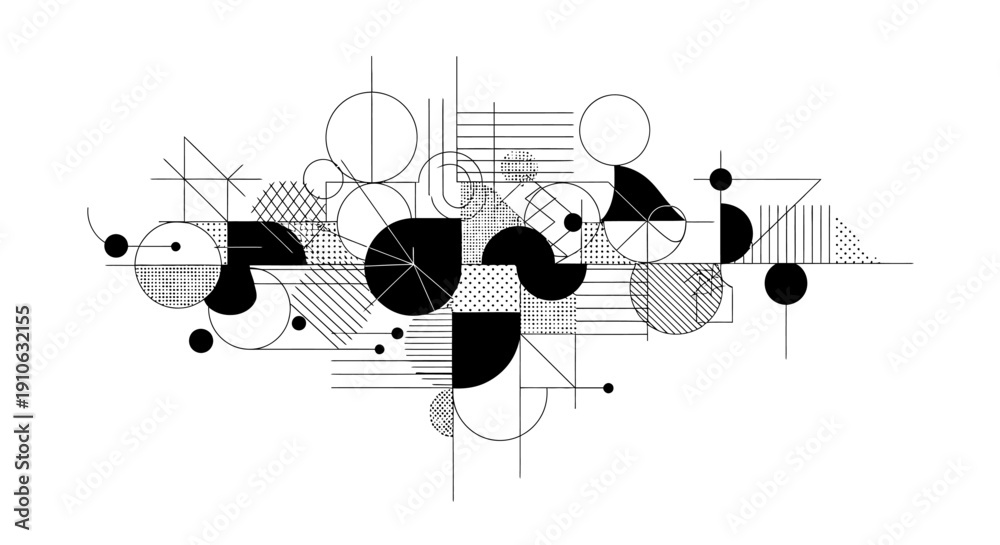 Obraz premium Abstract geometric shapes pattern with lines and circles on isolated white background.