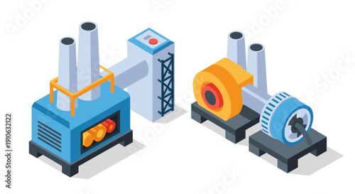 Isometric industrial factory machinery set with generator and cooling unit on isolated white background.