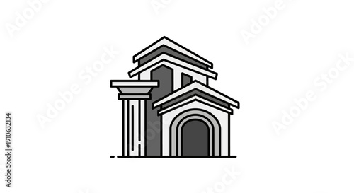 Minimalist icon of a building with columns and dome-like roof in flat design style on isolated white background.