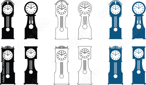Assortment of grandfather clocks in silhouette outline and blue color variations