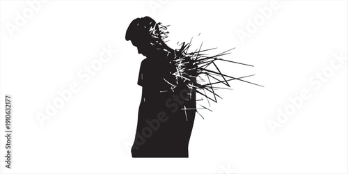 Depressed man sitting on toilet silhouette illustration set showing emotional stress sadness anxiety and mental health problems isolated on white background concept