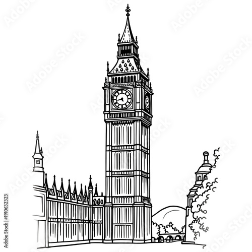 Big Ben Clock Tower London United Kingdom Flat Vector Illustration Isolated on White Background Travel Landmark Concept