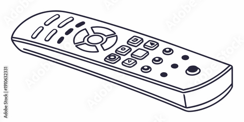 A detailed black and white illustration of a modern remote control.