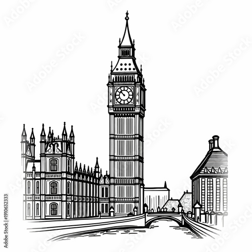 Big Ben Clock Tower London United Kingdom Flat Vector Illustration Isolated on White Background Travel Landmark Concept