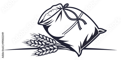 A detailed black and white illustration of a sack of grain with wheat stalks