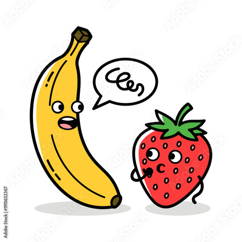 Fotografie cute cartoon banana and strawberry characters having a conversation with speech