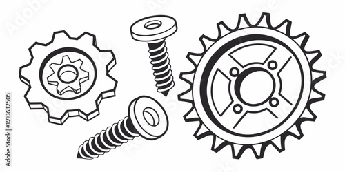 Assorted mechanical components including gears and bolts in a black and white illustration.