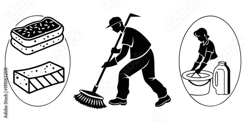 A person performing various household chores including cleaning and laundry