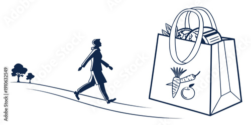 Woman walking with a shopping bag filled with various items.