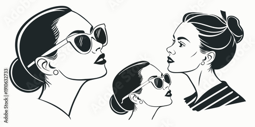 Three women with different hairstyles and expressions in a black and white illustration.