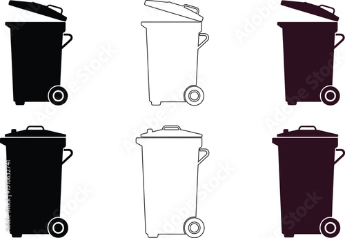 Collection of six wheeled trash bins in black white and dark purple silhouettes and outlines