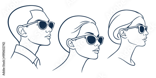 Three stylish individuals showcasing different sunglasses designs and hairstyles