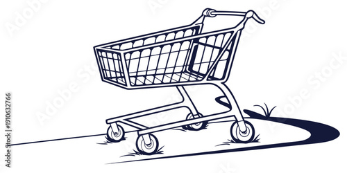 A black and white illustration of a shopping cart with a shadow.
