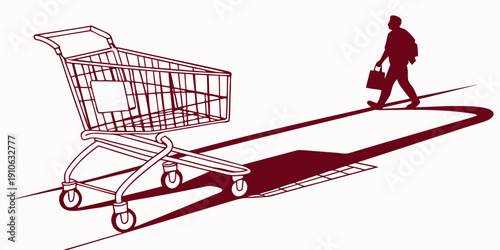 A person pushing a shopping cart on a downward slope with a shadow.