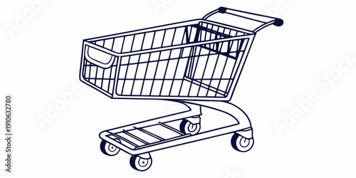 A black and white line drawing of a shopping cart with a basket and wheels.