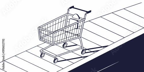 A wireframe shopping cart tilting on a sloped surface with a dark background