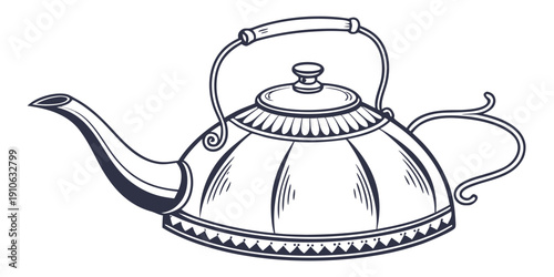 A vintage silver teapot with a lid and spout, drawn in a detailed sketch style