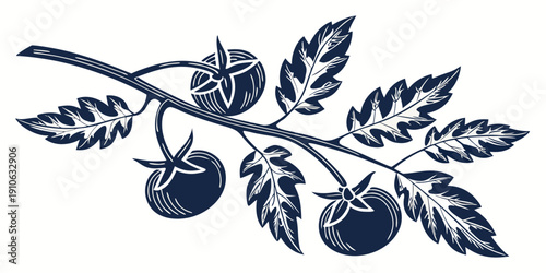 A detailed illustration of a branch with ripe plums and leaves