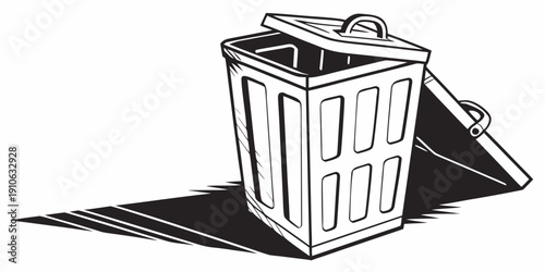 A white trash can with a black lid and a black shadow underneath